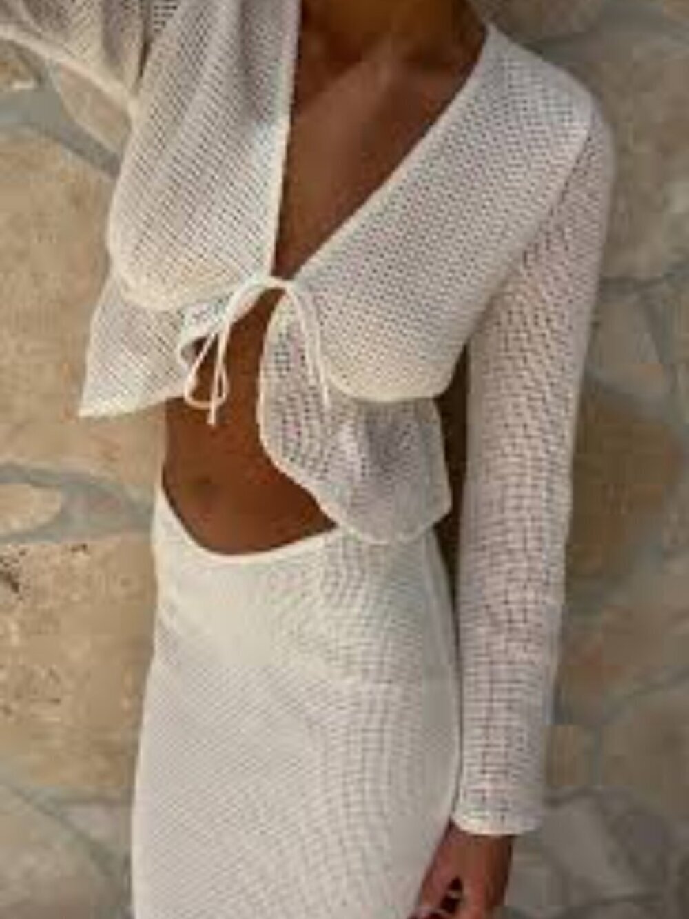Sabo Cropped Tie-Front Open Weave Eclipse Frill Top XS